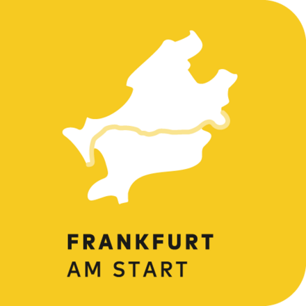 Das Logo von Frankfurt am Start, eine weiße Stadtkarte auf gelbem Hintergrund