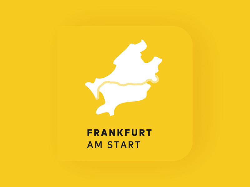 Das Bild zeigt das Logo des Aktionsprogramms Frankfurt am Start. Die Frankfurter Stadtteilkarte ist auf gelbem Hintergrund abgebildet.